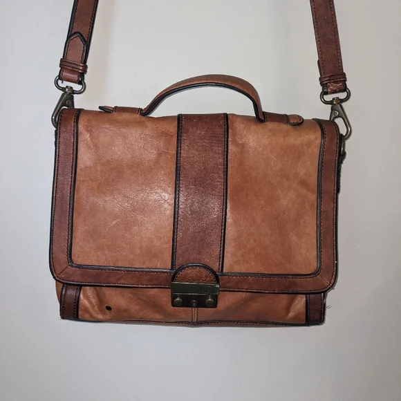 Fossil Two Tone Brown Leather Briefcase Messenger Tote Large Laptop Bag - Picture 2 of 8
